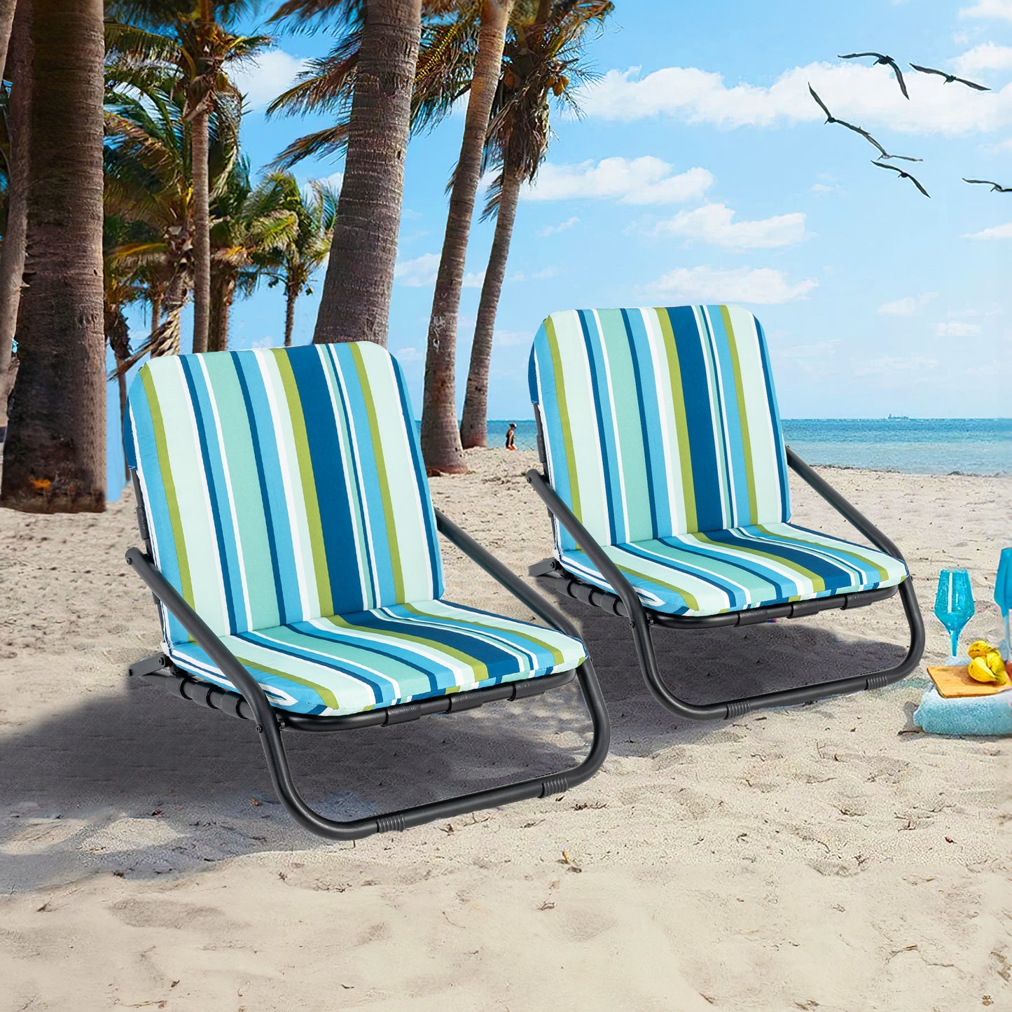 Low Folding Beach Chairs for Adults with Cushion (2-Pack)