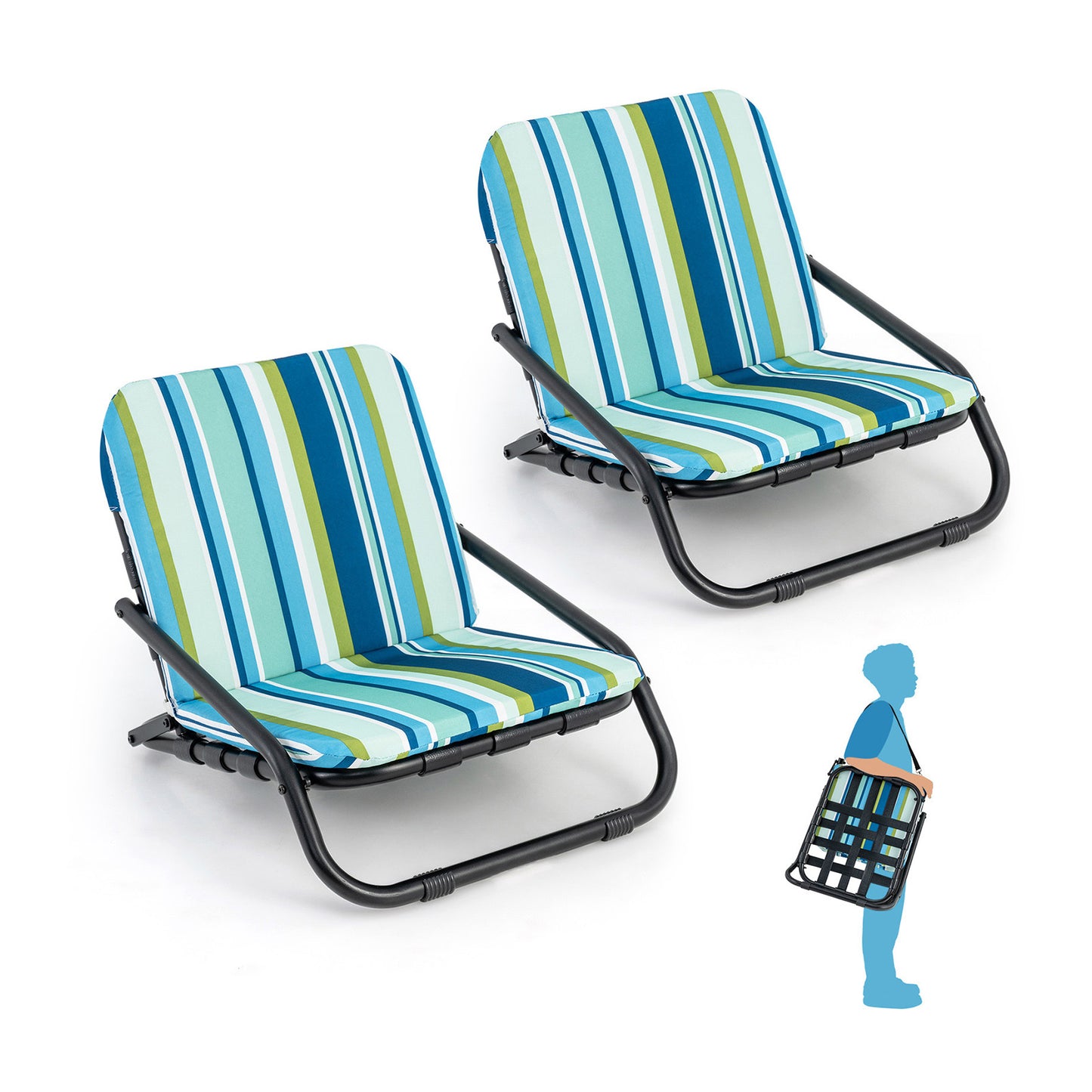 Low Folding Beach Chairs for Adults with Cushion (2-Pack)