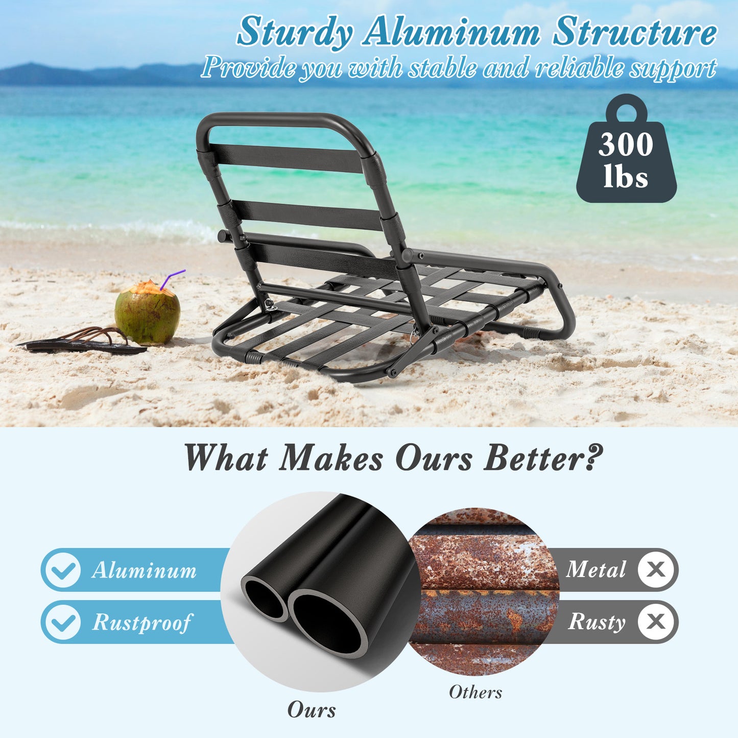 Low Folding Beach Chairs for Adults with Cushion (2-Pack)