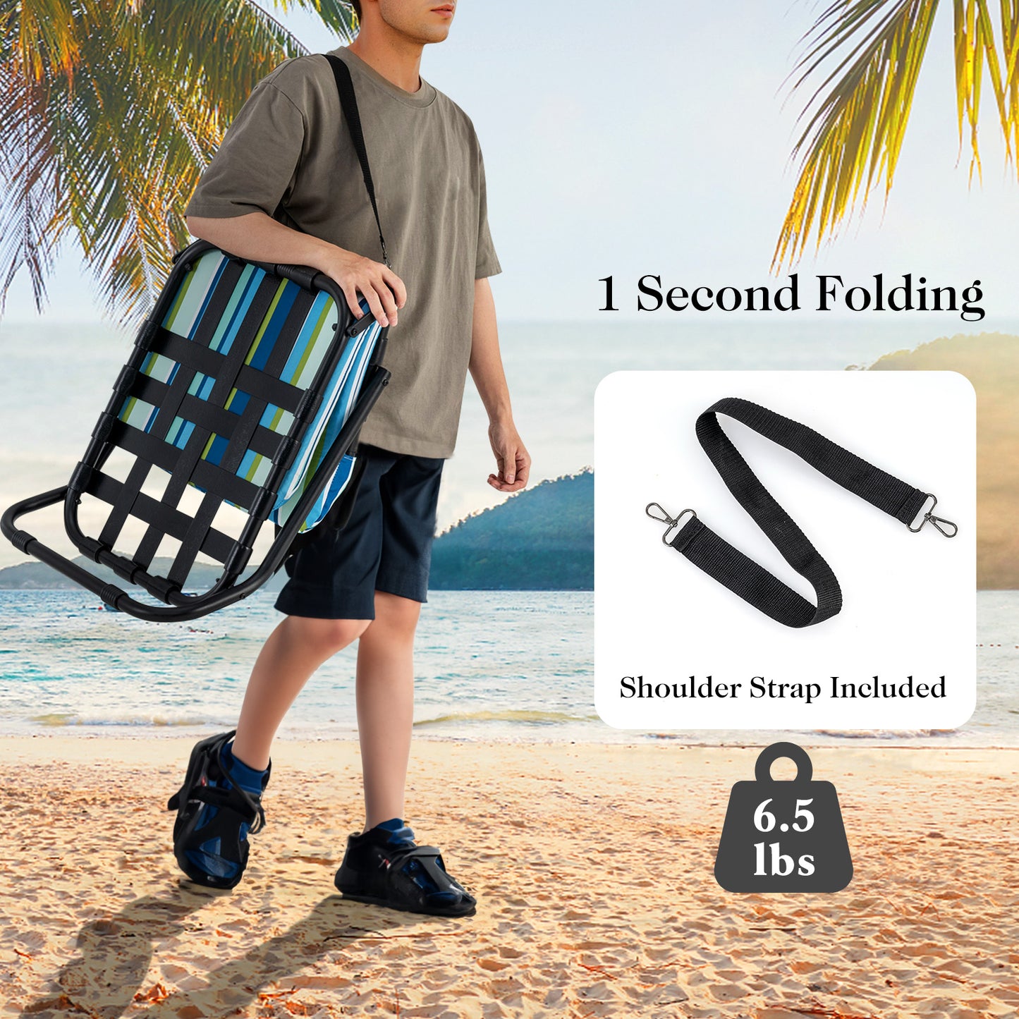 Low Folding Beach Chairs for Adults with Cushion (2-Pack)