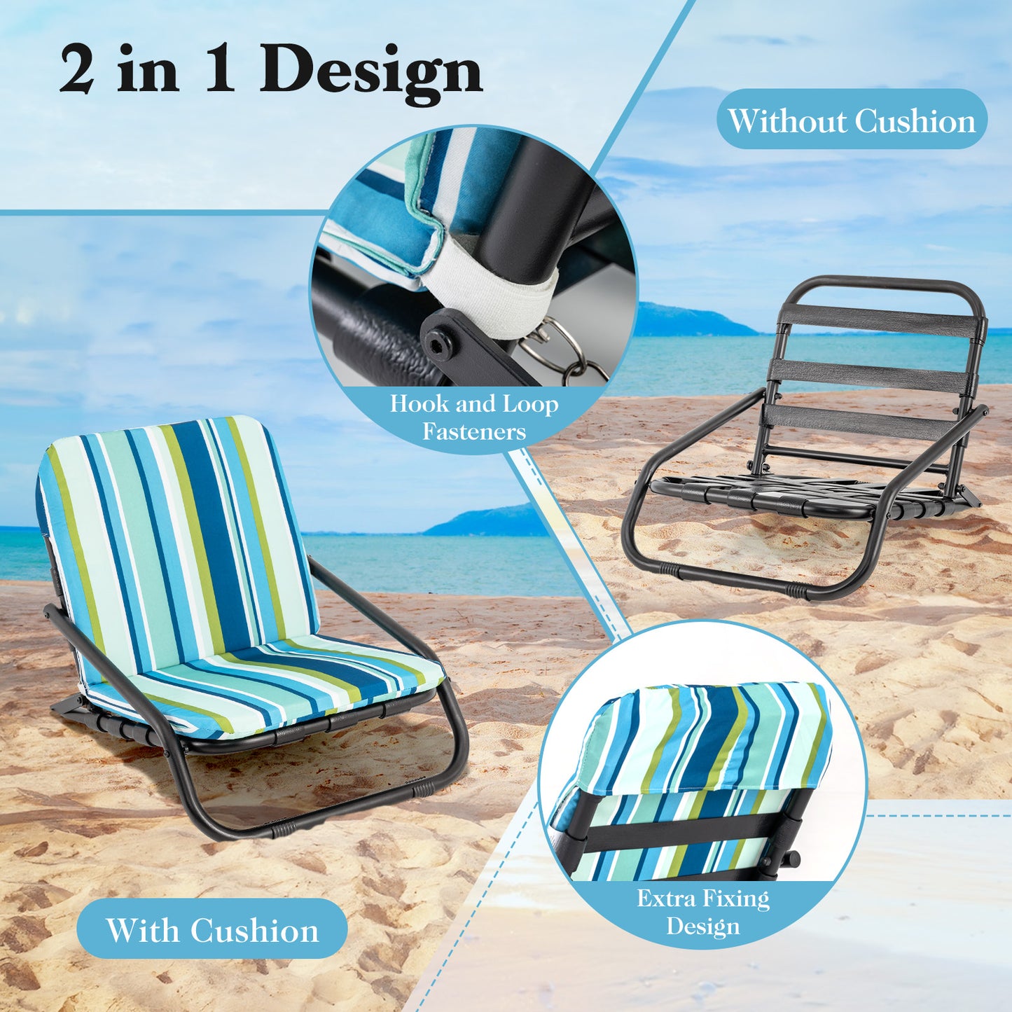 Low Folding Beach Chairs for Adults with Cushion (2-Pack)