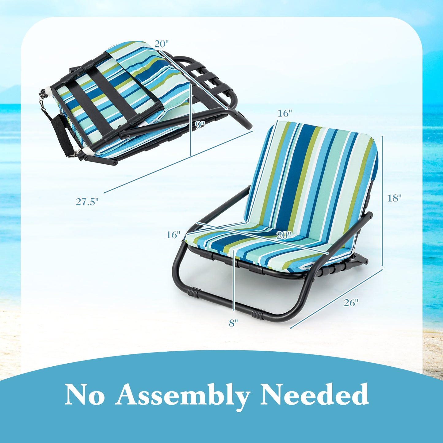 Low Folding Beach Chairs for Adults with Cushion (2-Pack)