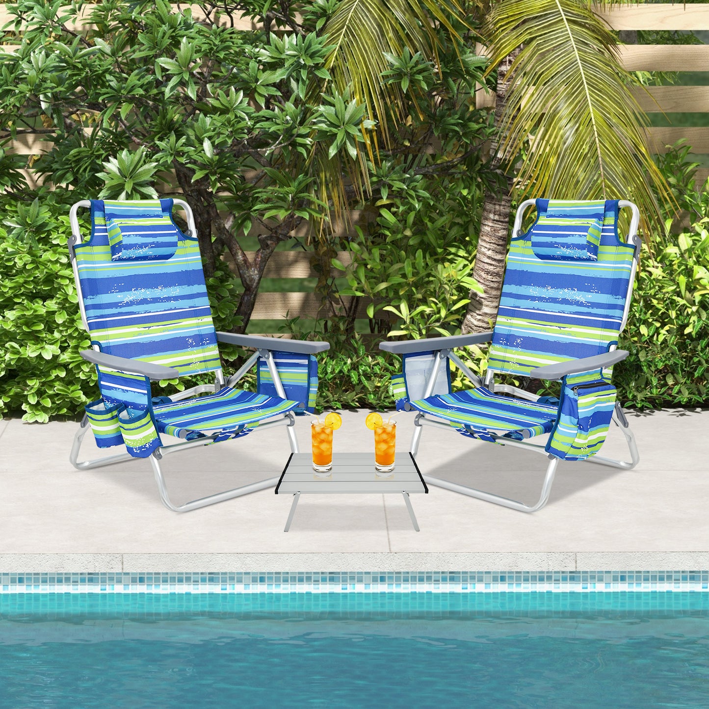 Folding Beach Chair Set with Table - 2 Pack Reclining Chairs
