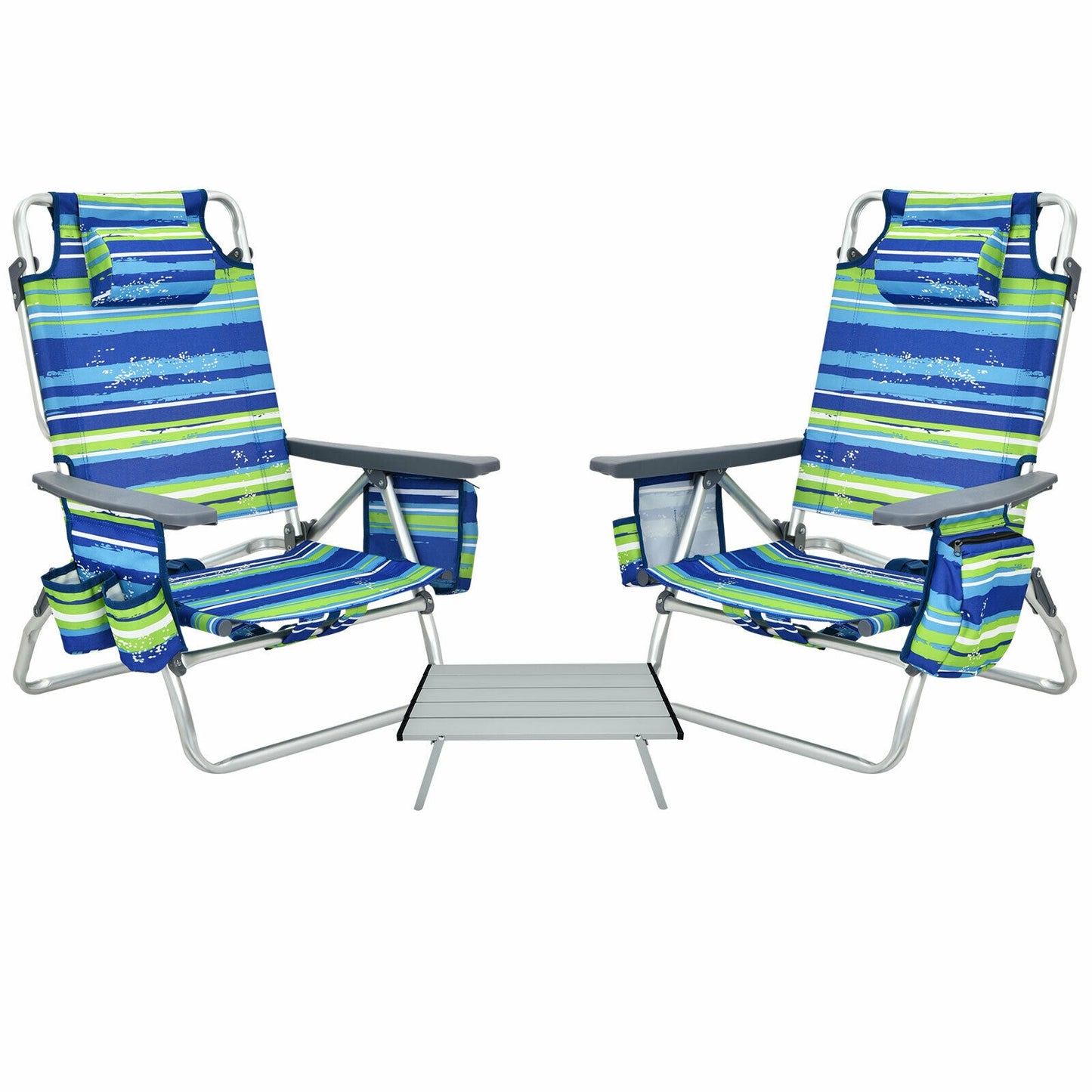 Folding Beach Chair Set with Table - 2 Pack Reclining Chairs