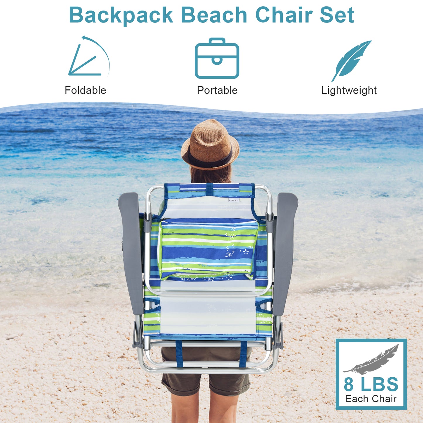 Folding Beach Chair Set with Table - 2 Pack Reclining Chairs