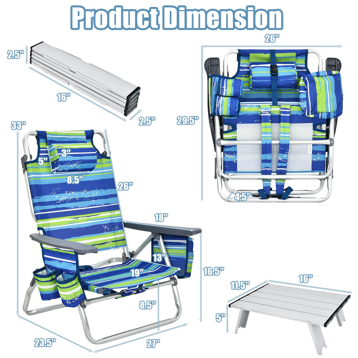 Folding Beach Chair Set with Table - 2 Pack Reclining Chairs