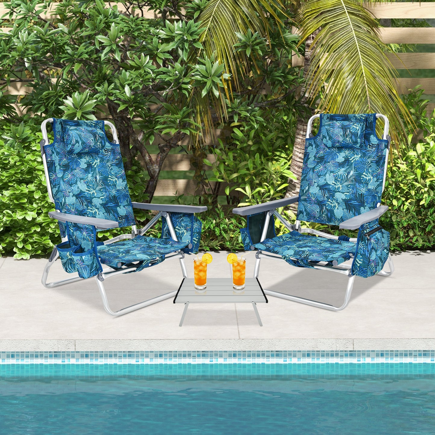 Folding Beach Chair Set with Table - 2 Pack Reclining Chairs