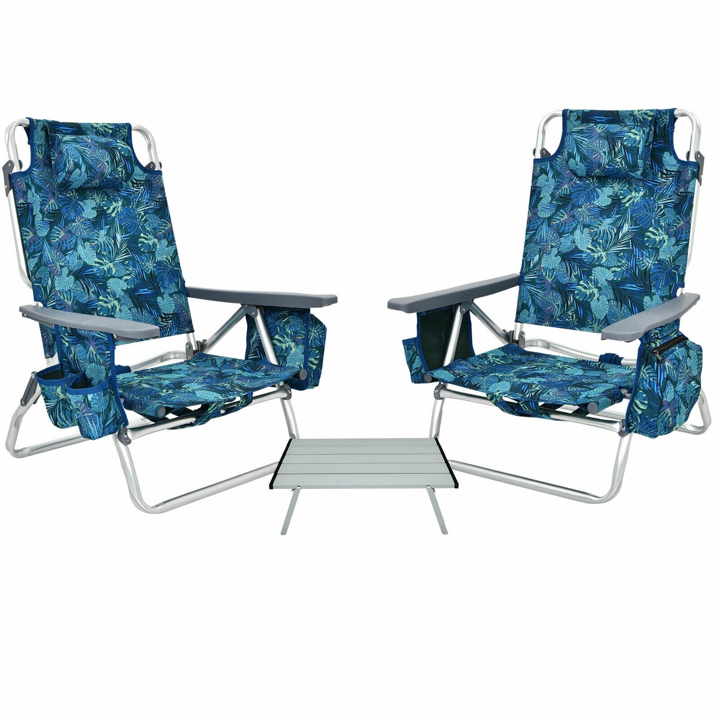 Folding Beach Chair Set with Table - 2 Pack Reclining Chairs