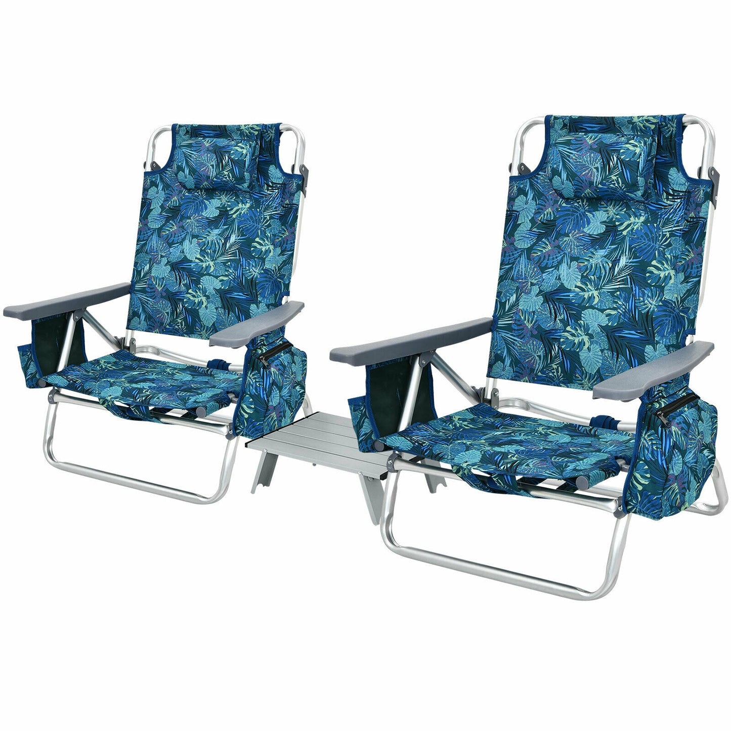 Folding Beach Chair Set with Table - 2 Pack Reclining Chairs