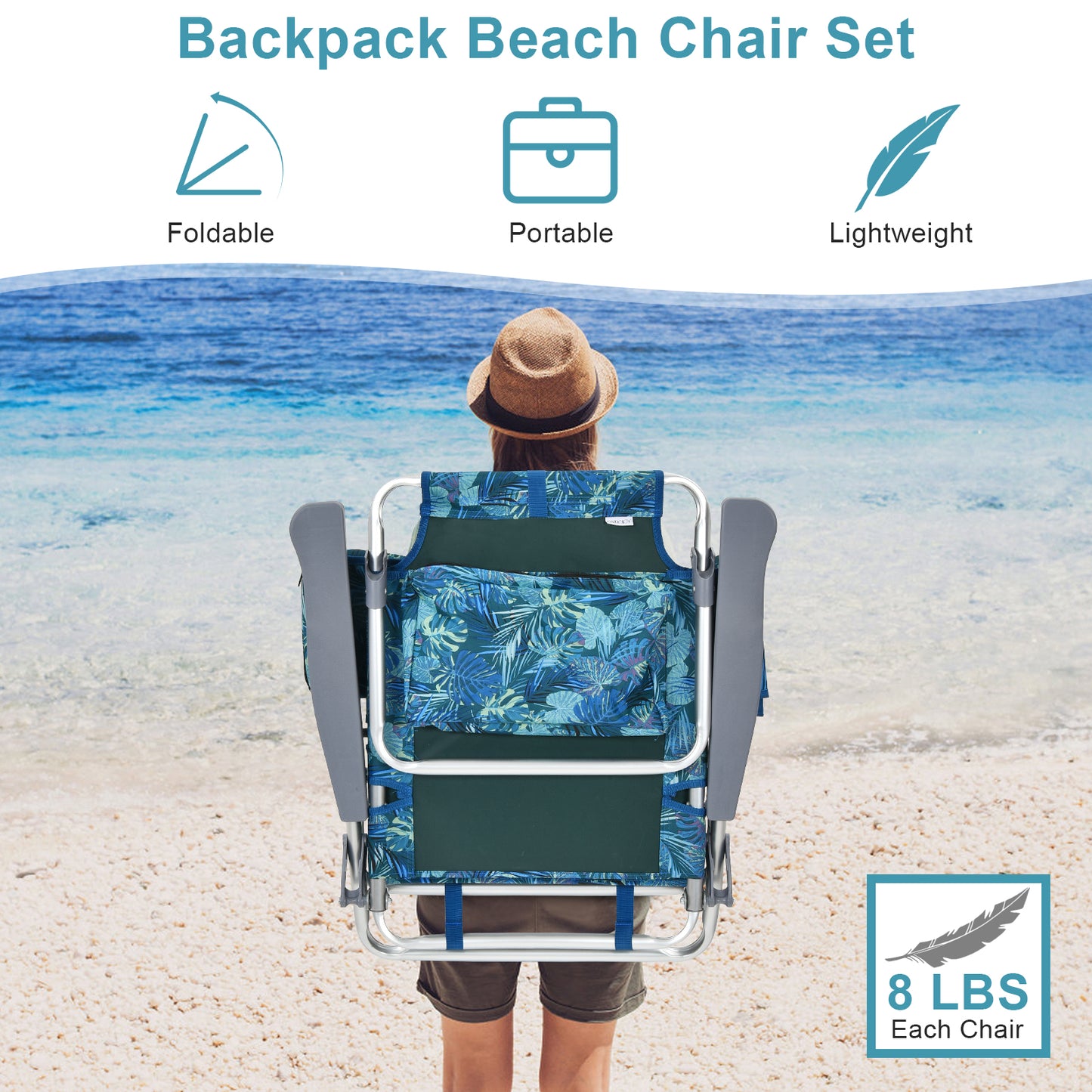 Folding Beach Chair Set with Table - 2 Pack Reclining Chairs