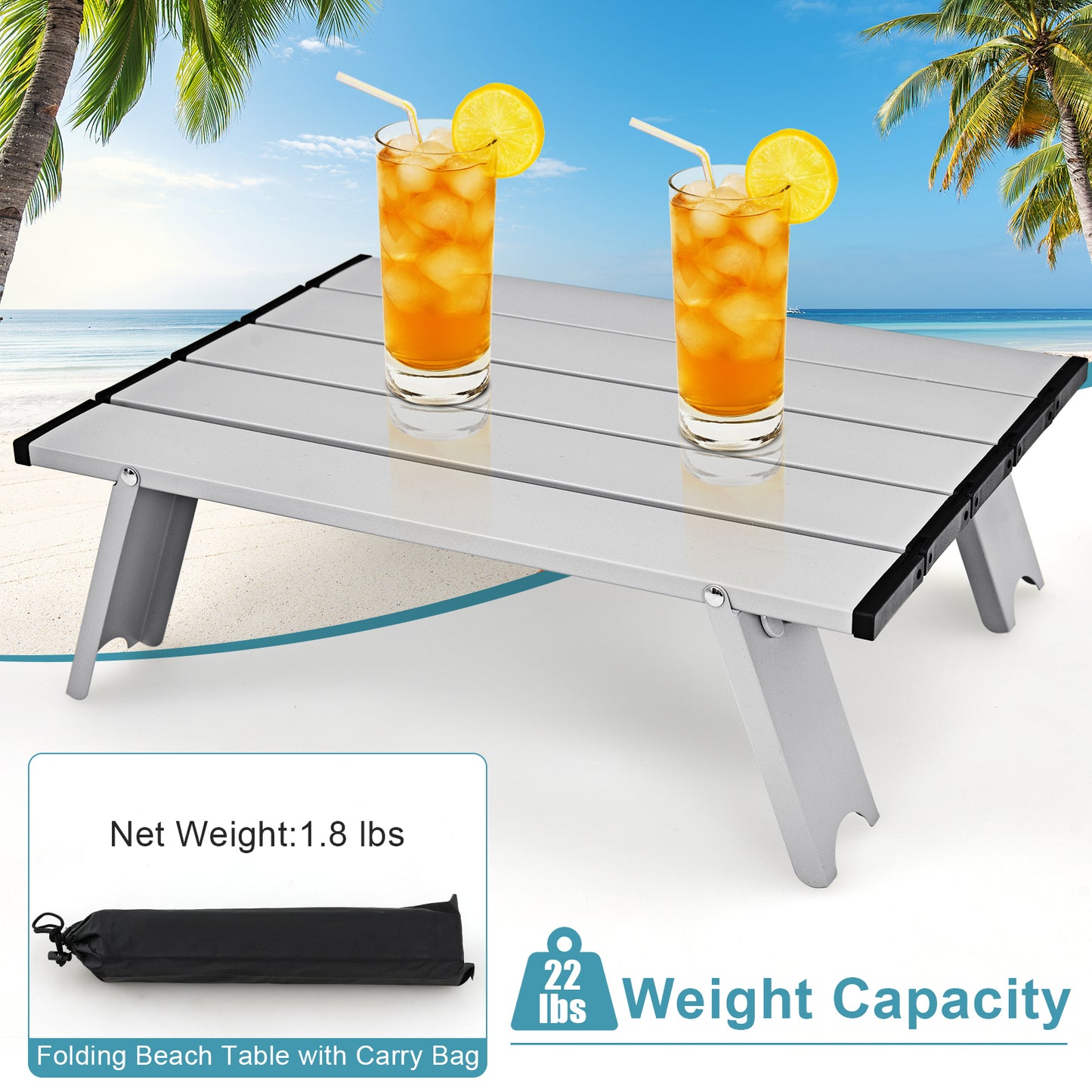 Folding Beach Chair Set with Table - 2 Pack Reclining Chairs