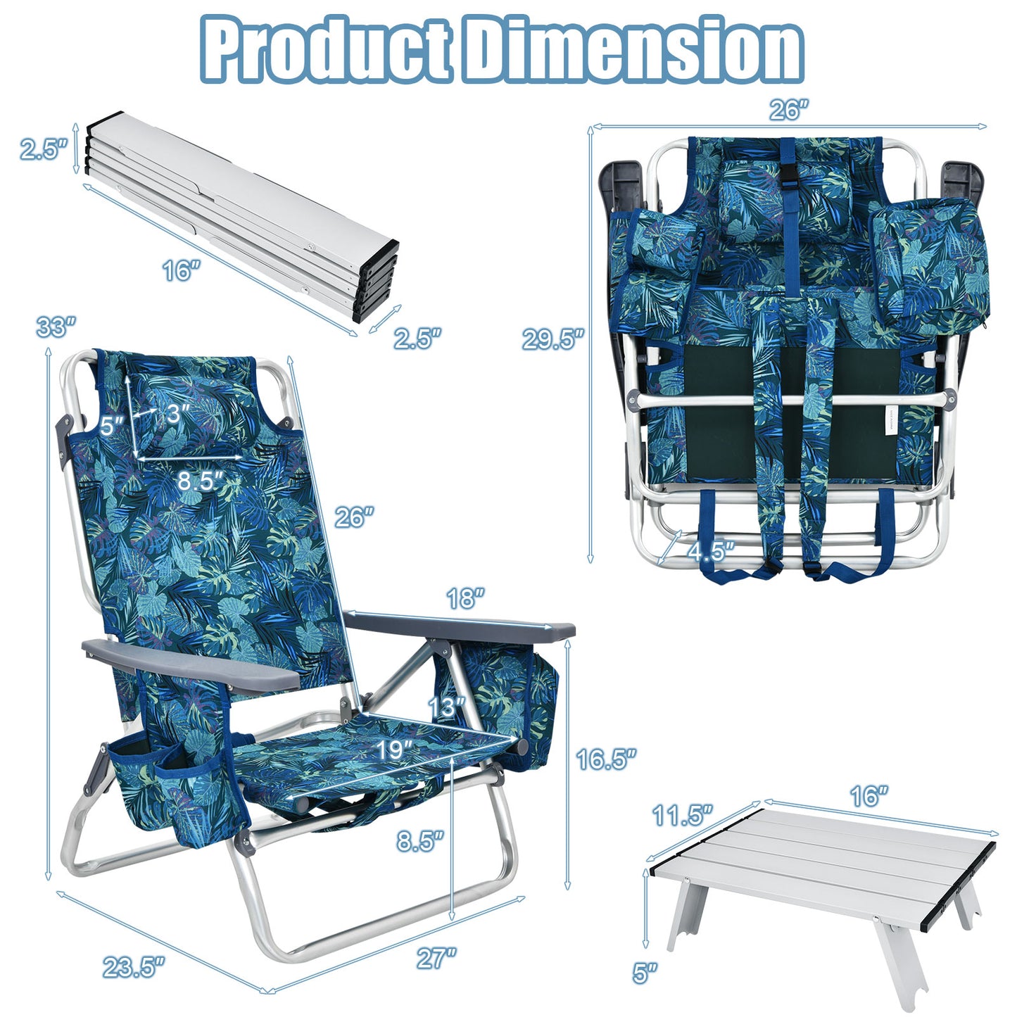 Folding Beach Chair Set with Table - 2 Pack Reclining Chairs