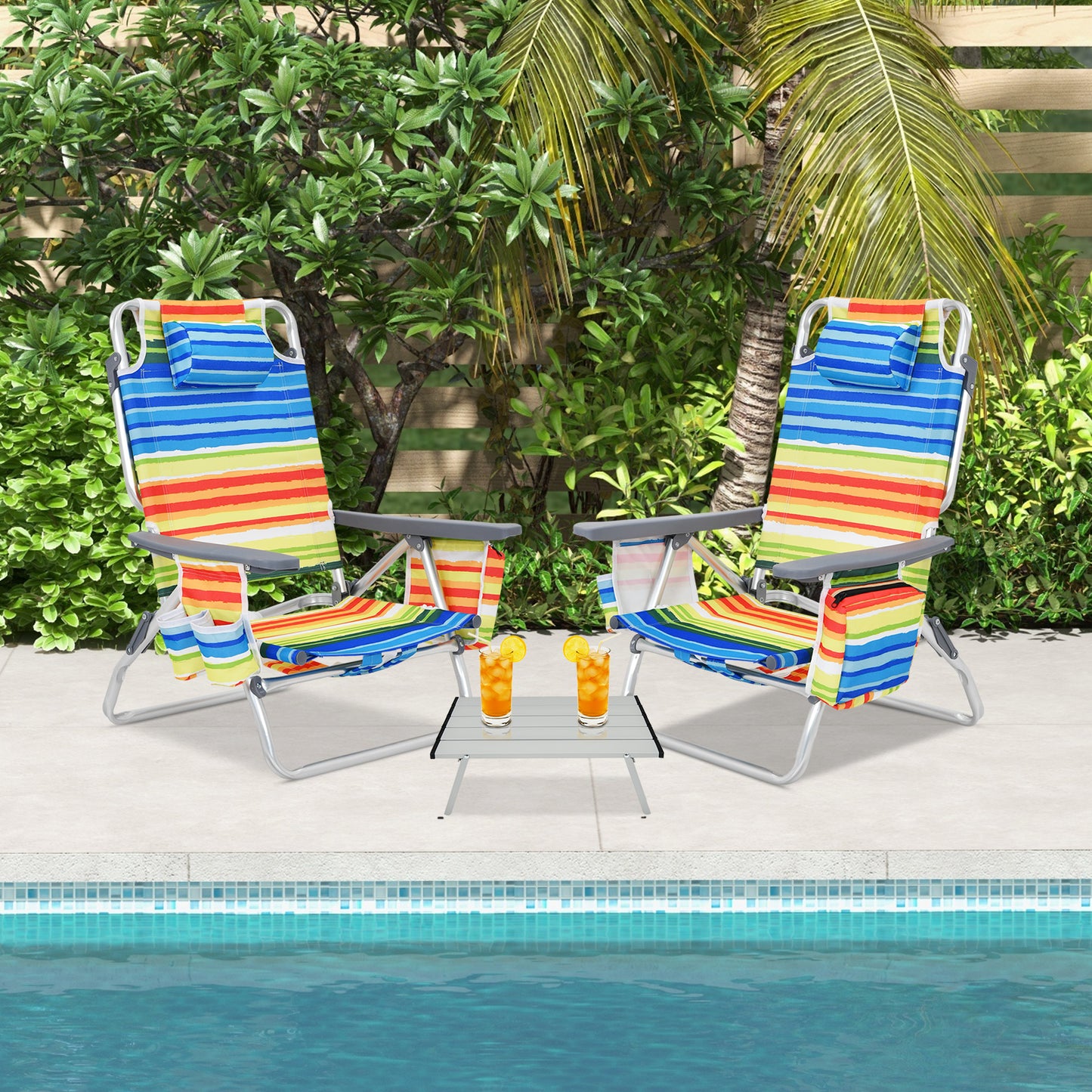 Folding Beach Chair Set with Table - 2 Pack Reclining Chairs
