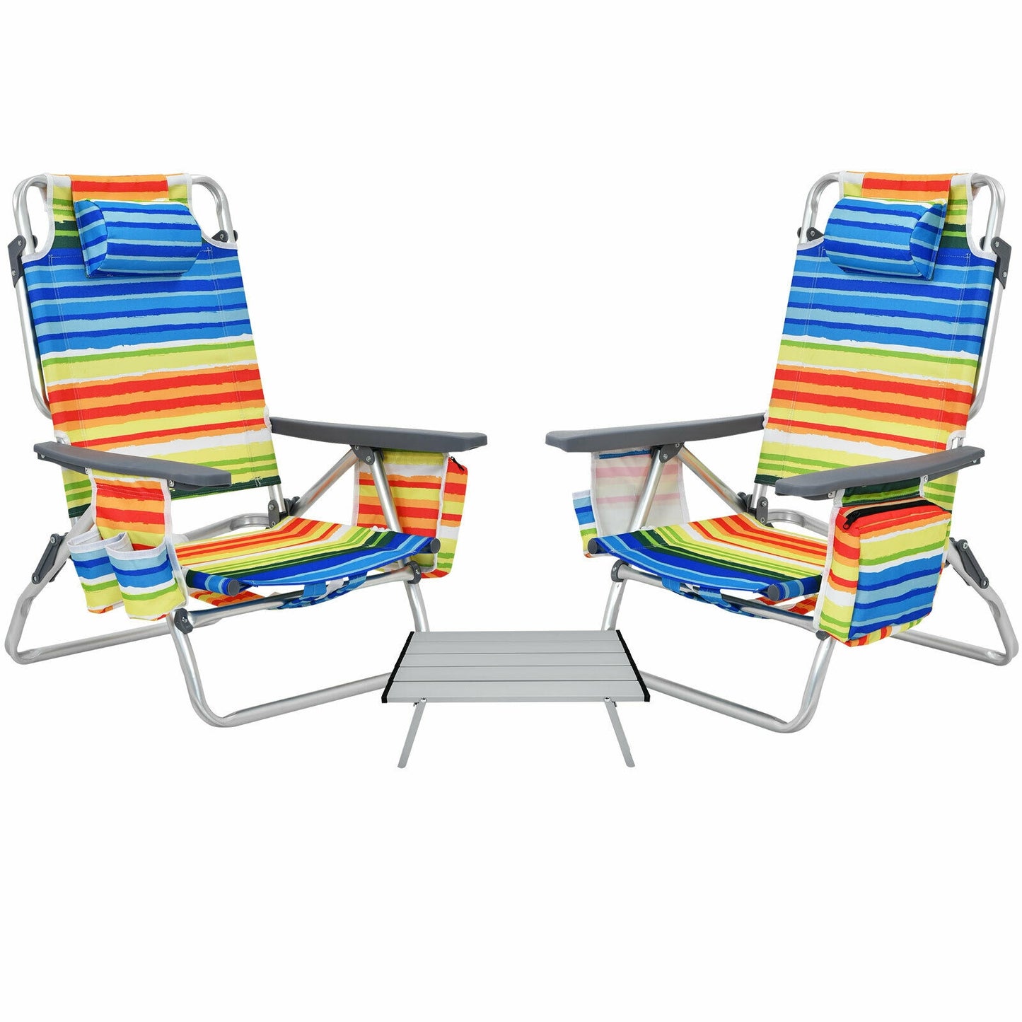 Folding Beach Chair Set with Table - 2 Pack Reclining Chairs