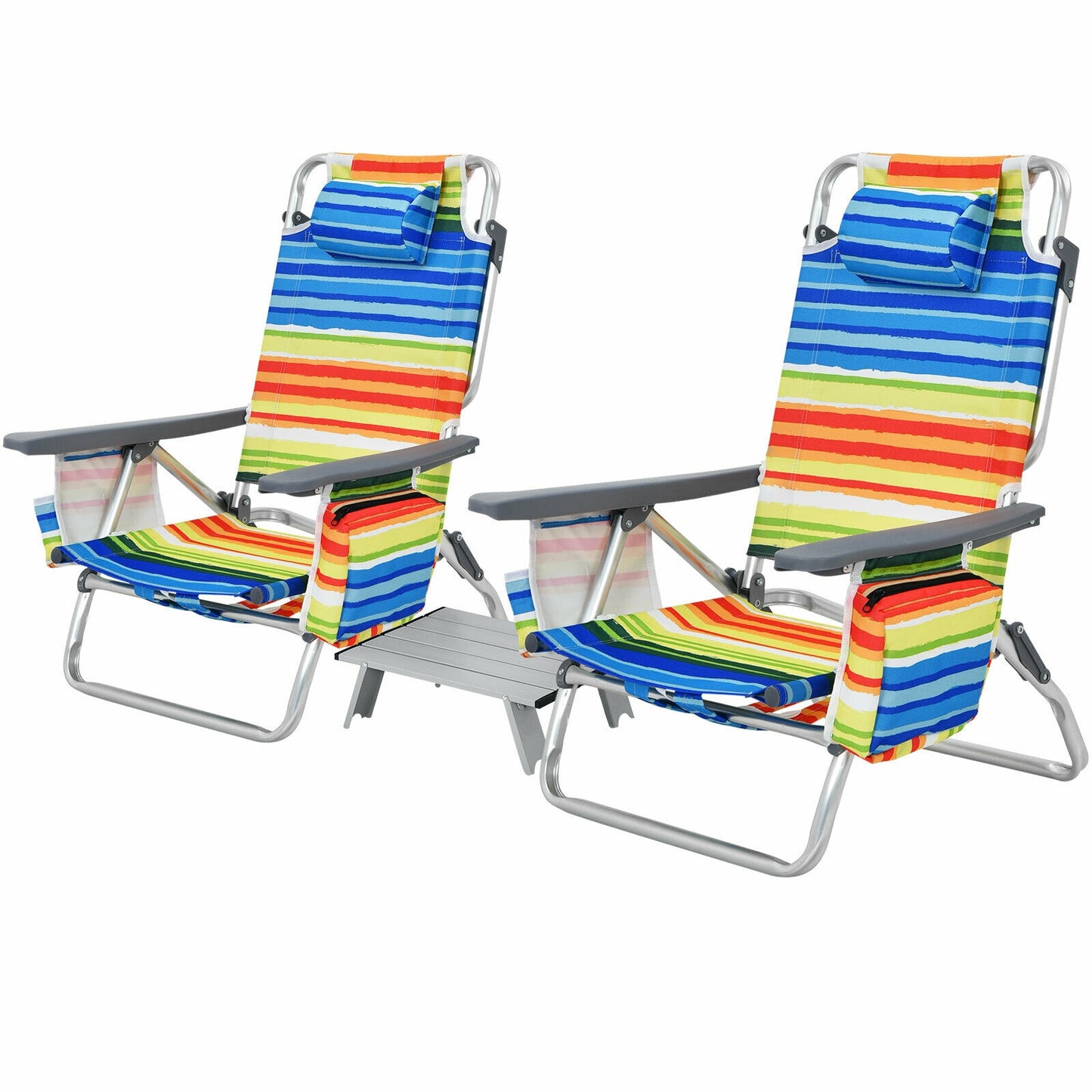 Folding Beach Chair Set with Table - 2 Pack Reclining Chairs
