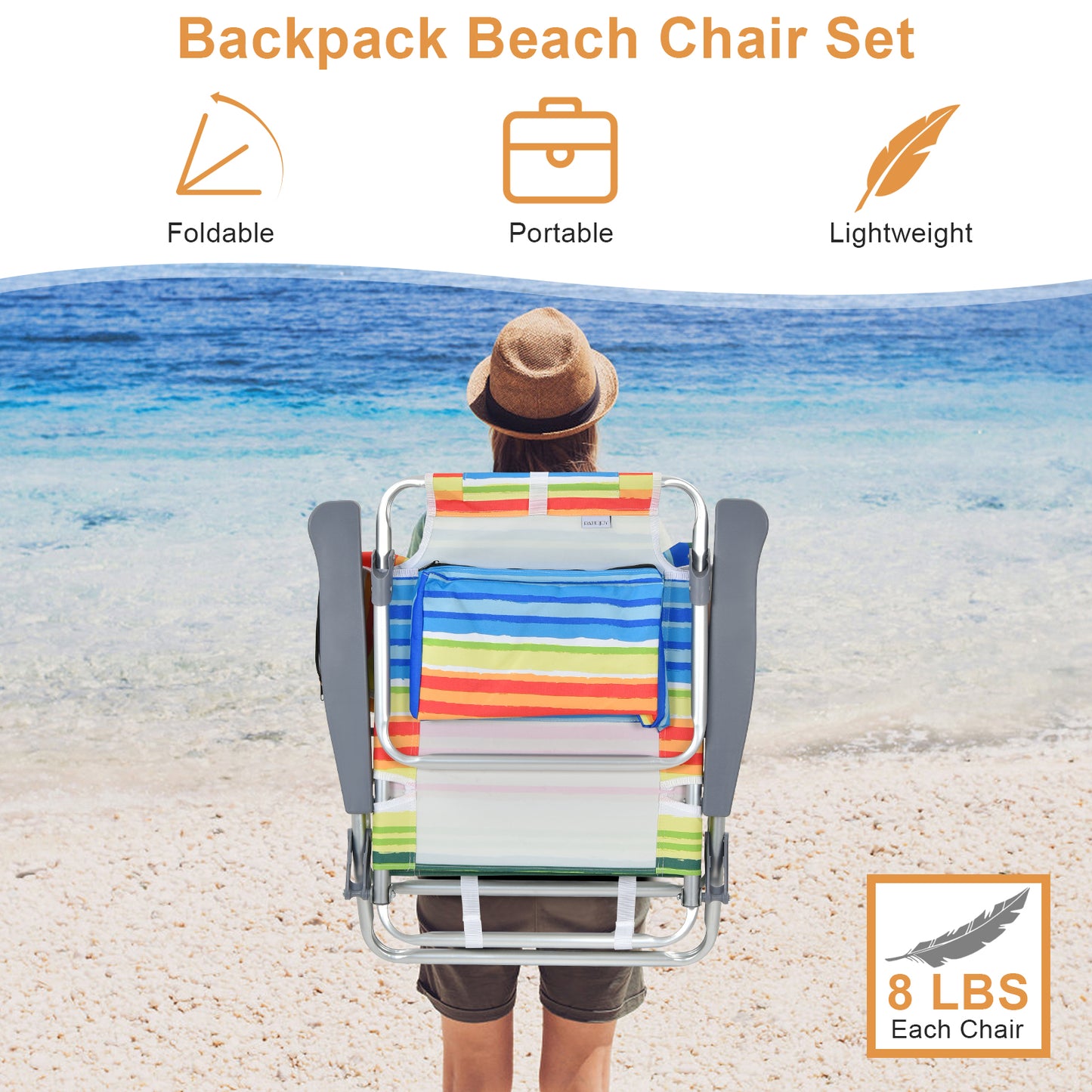 Folding Beach Chair Set with Table - 2 Pack Reclining Chairs