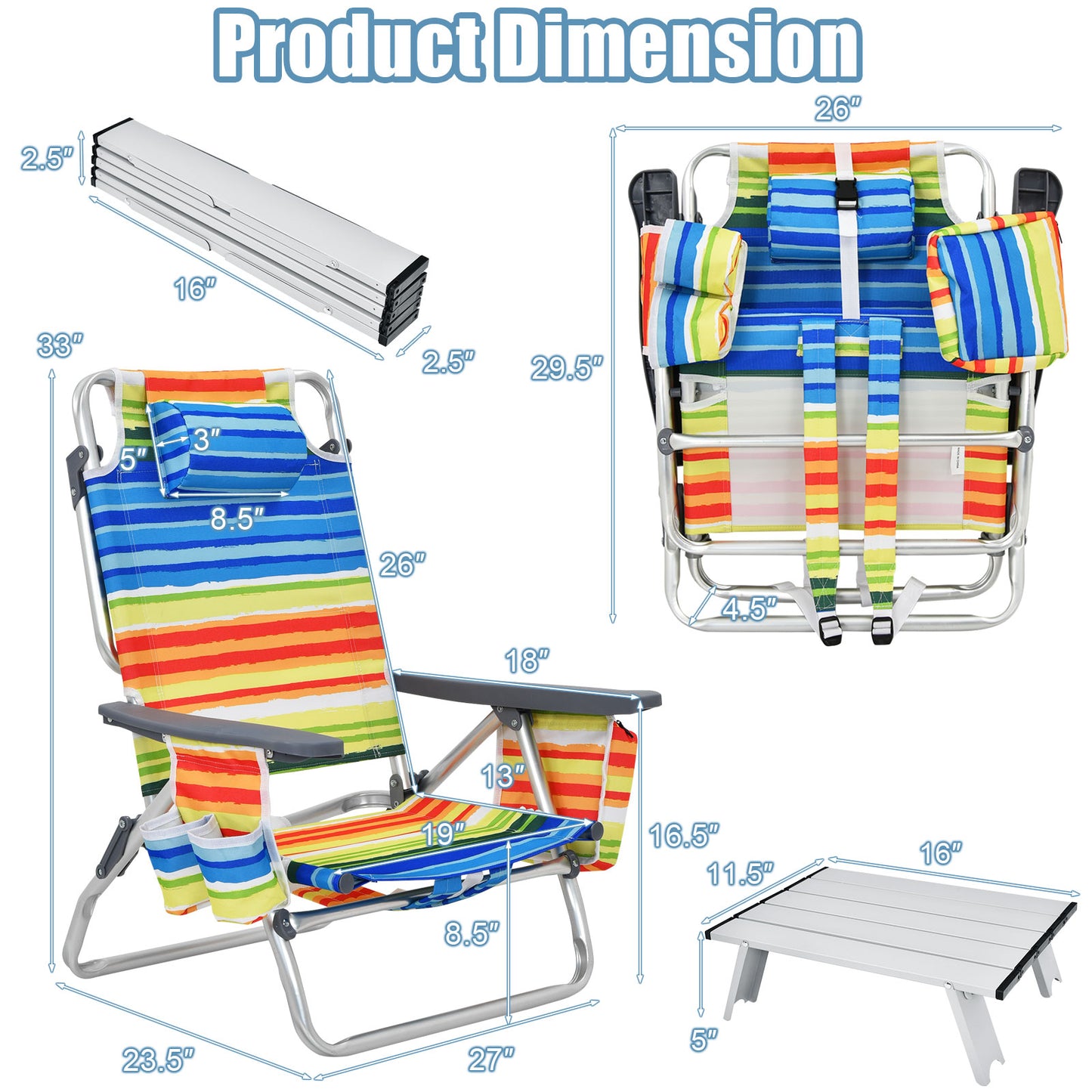 Folding Beach Chair Set with Table - 2 Pack Reclining Chairs