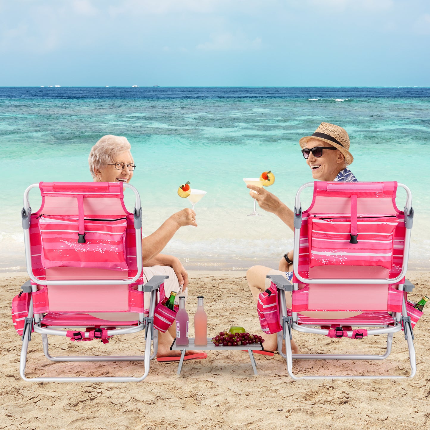 Folding Beach Chair Set with Table - 2 Pack Reclining Chairs