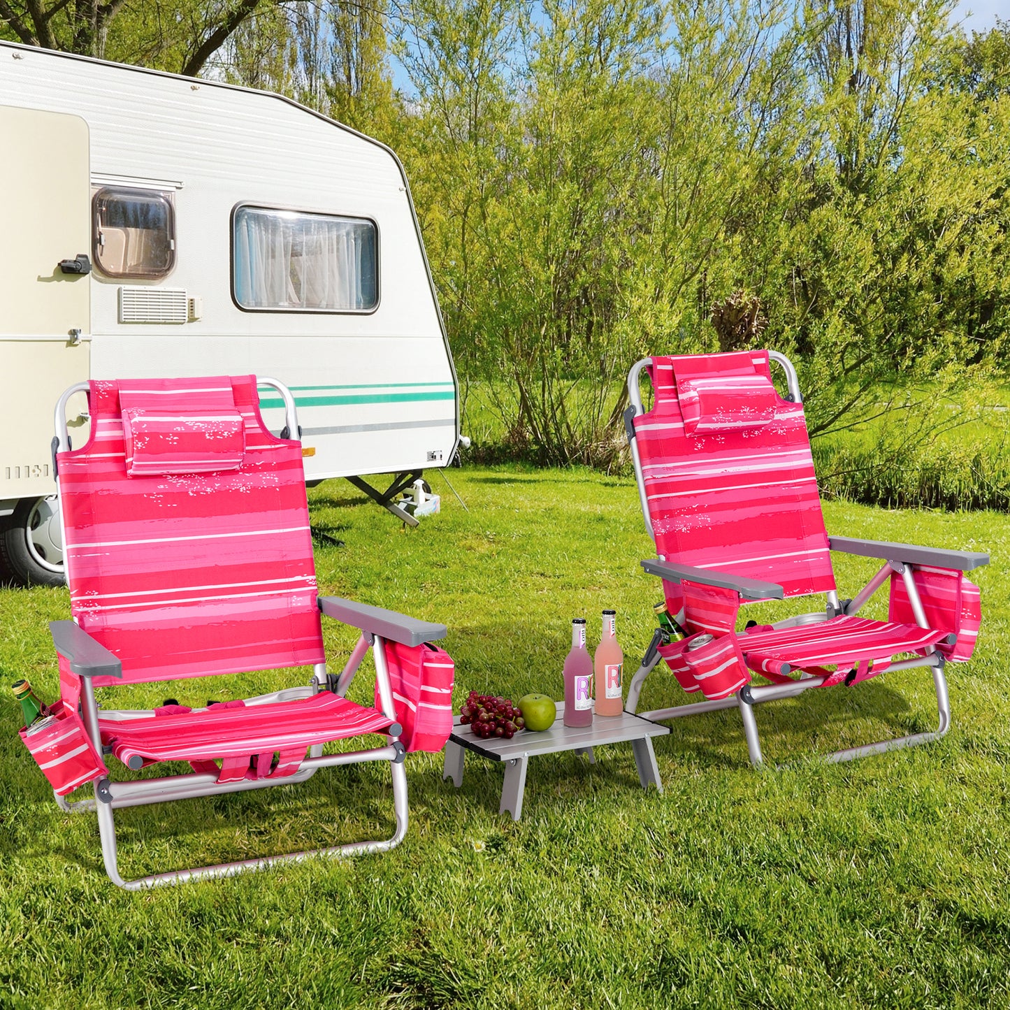 Folding Beach Chair Set with Table - 2 Pack Reclining Chairs