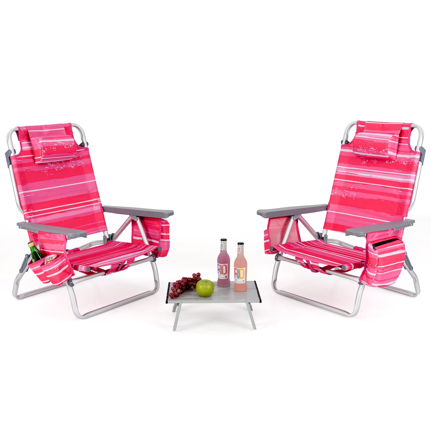 Folding Beach Chair Set with Table - 2 Pack Reclining Chairs