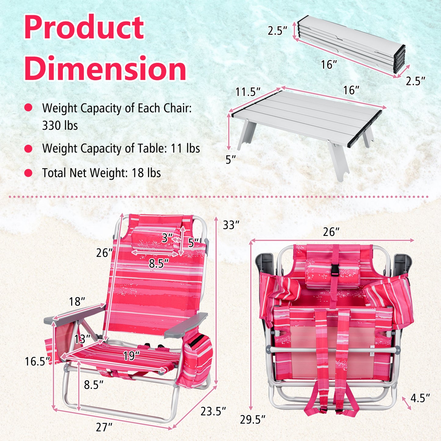Folding Beach Chair Set with Table - 2 Pack Reclining Chairs