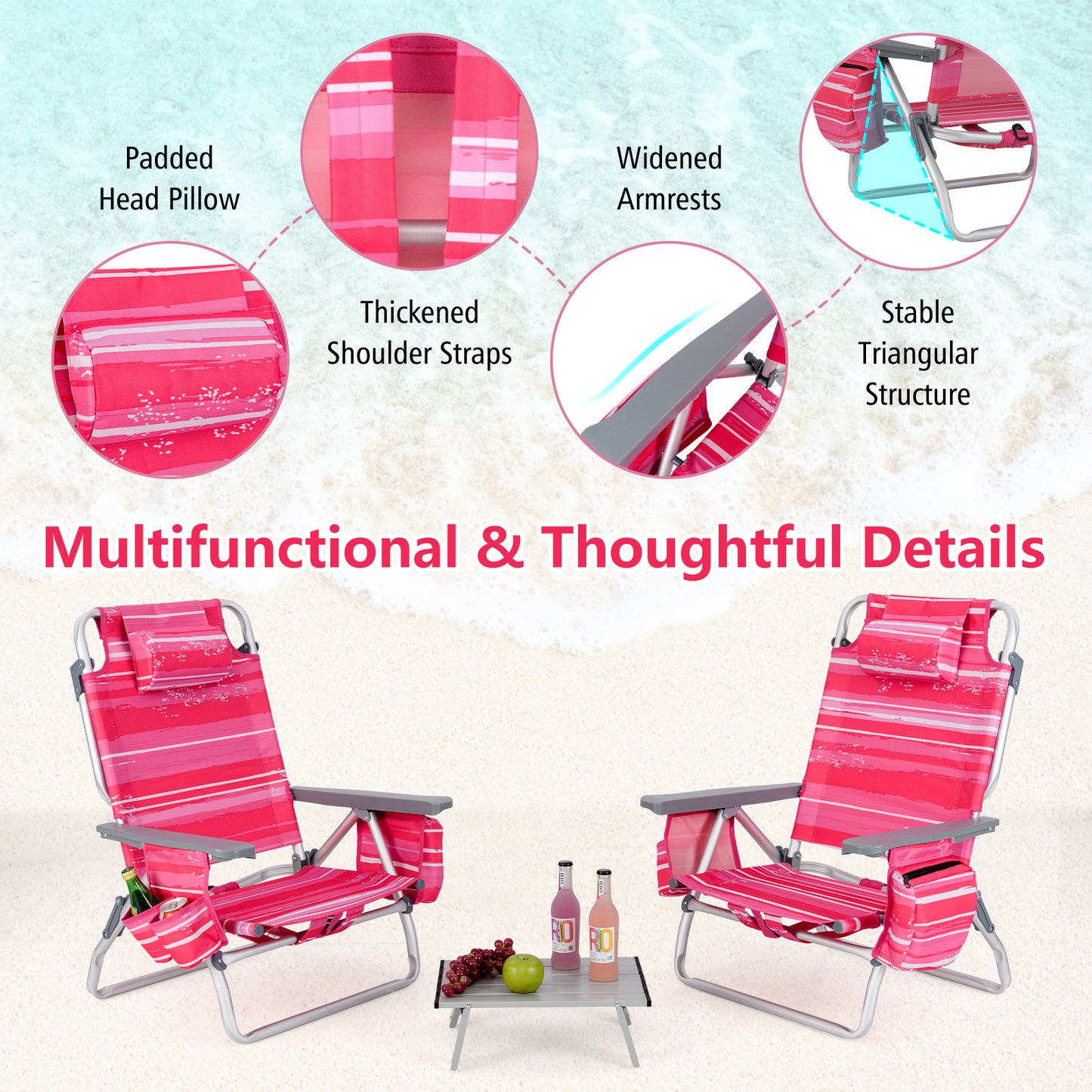 Folding Beach Chair Set with Table - 2 Pack Reclining Chairs