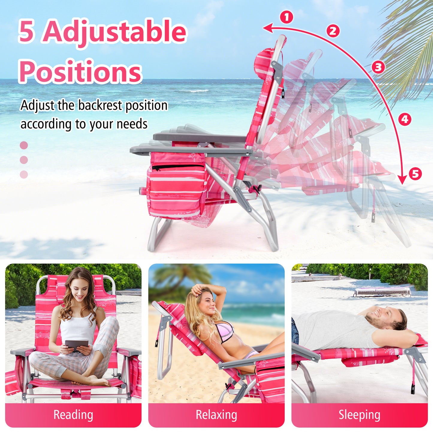 Folding Beach Chair Set with Table - 2 Pack Reclining Chairs