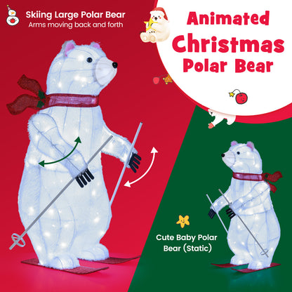 2 PCS Animated Skiing Polar Bears Pre-lit Christmas Bear Decoration with Skiing Motion