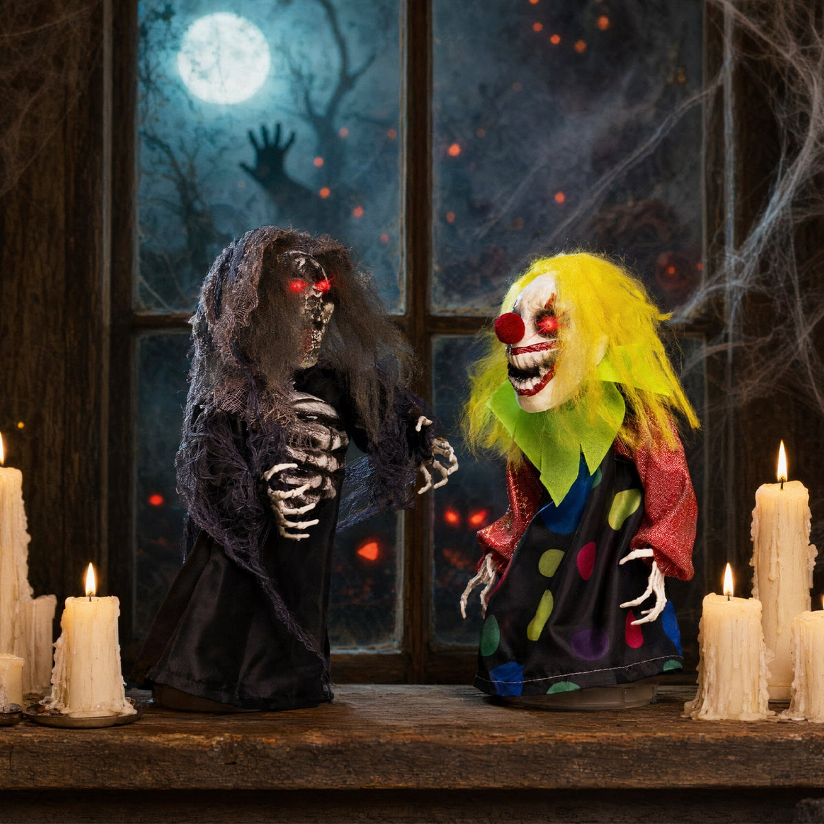 Halloween Animatronic Clown & Reaper Tabletop Decorations Set
