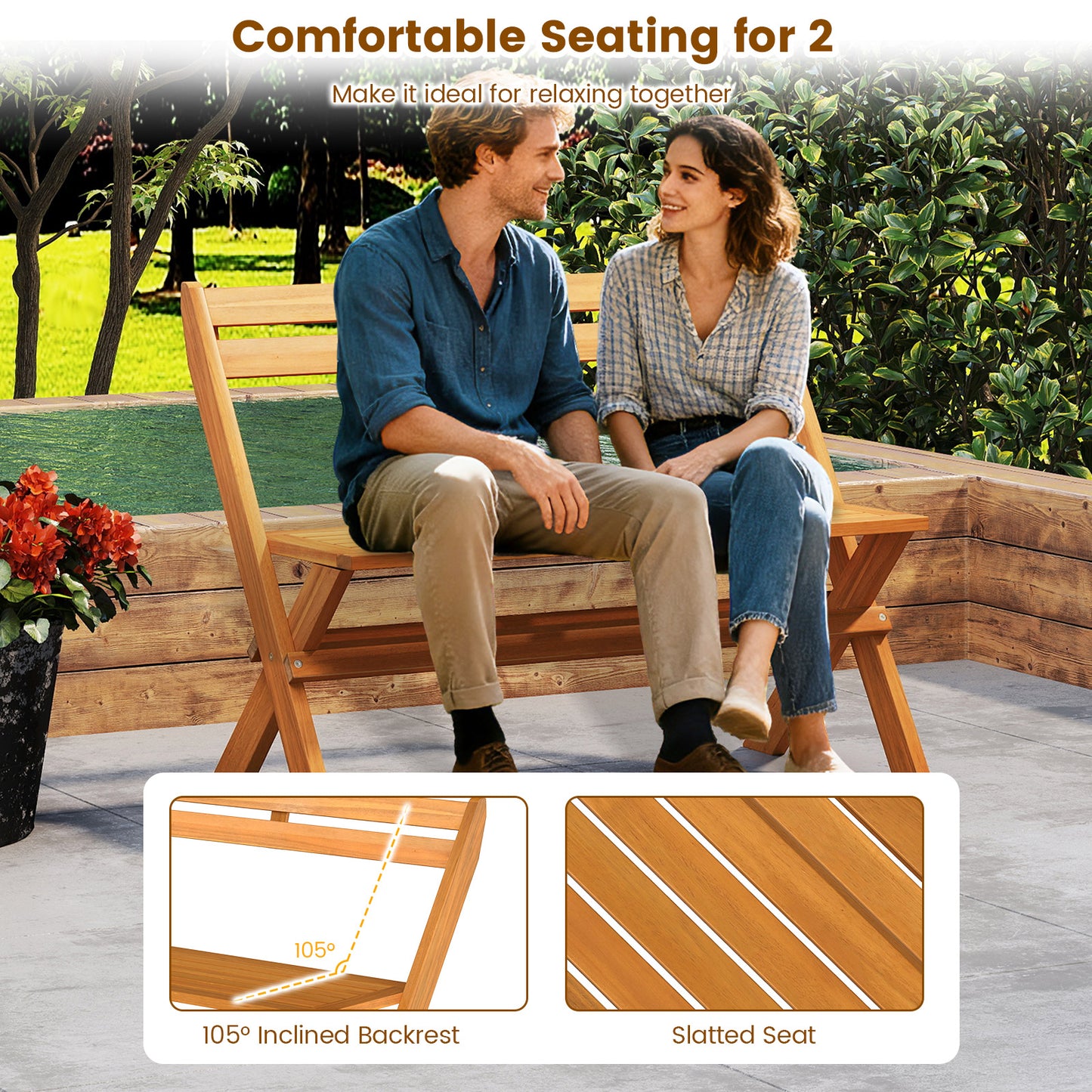 Acacia Wood Folding Garden Bench for 2 People