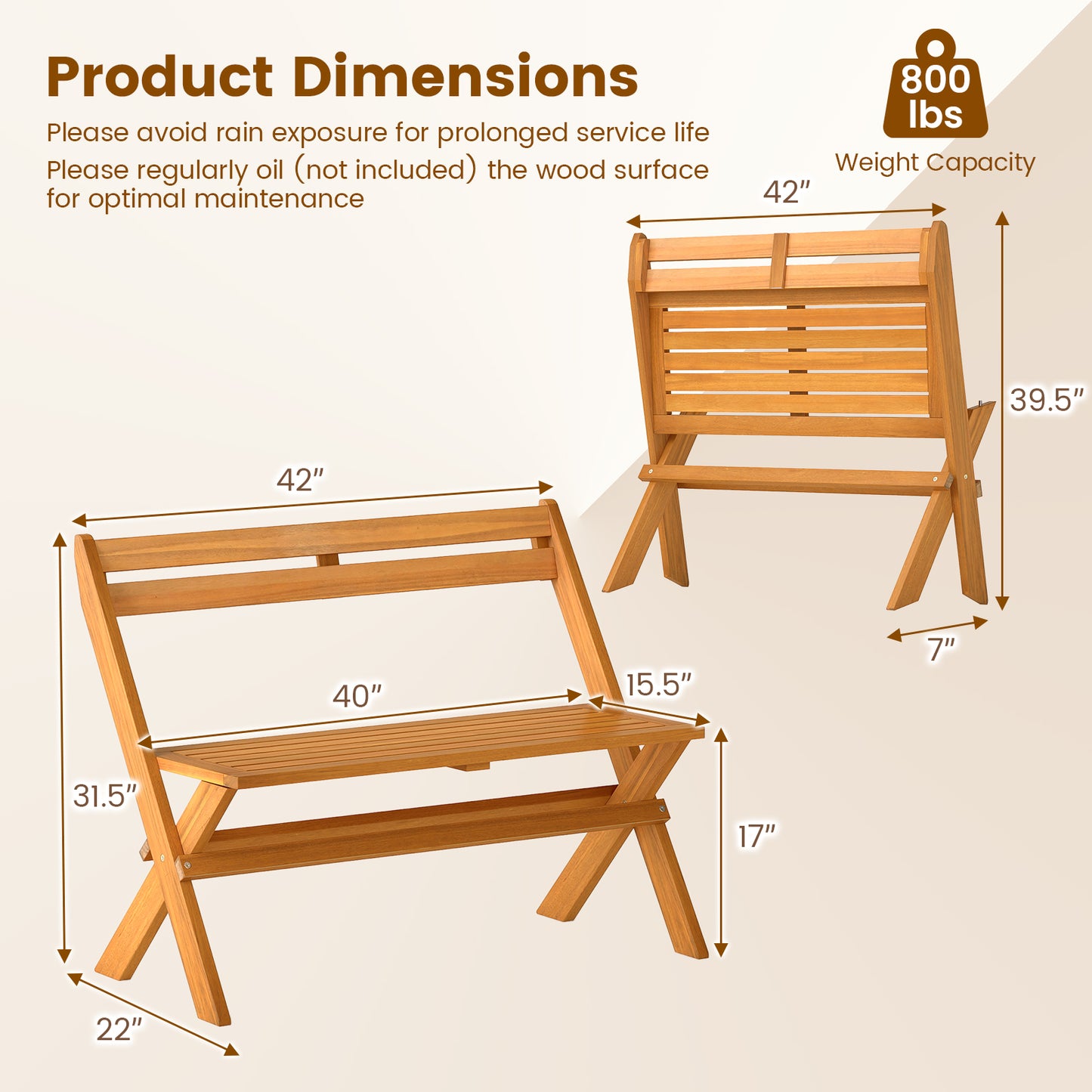 Acacia Wood Folding Garden Bench for 2 People