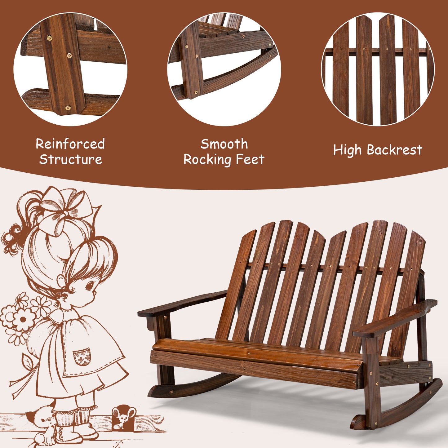 2 Person Adirondack Rocking Chair with Slatted Seat