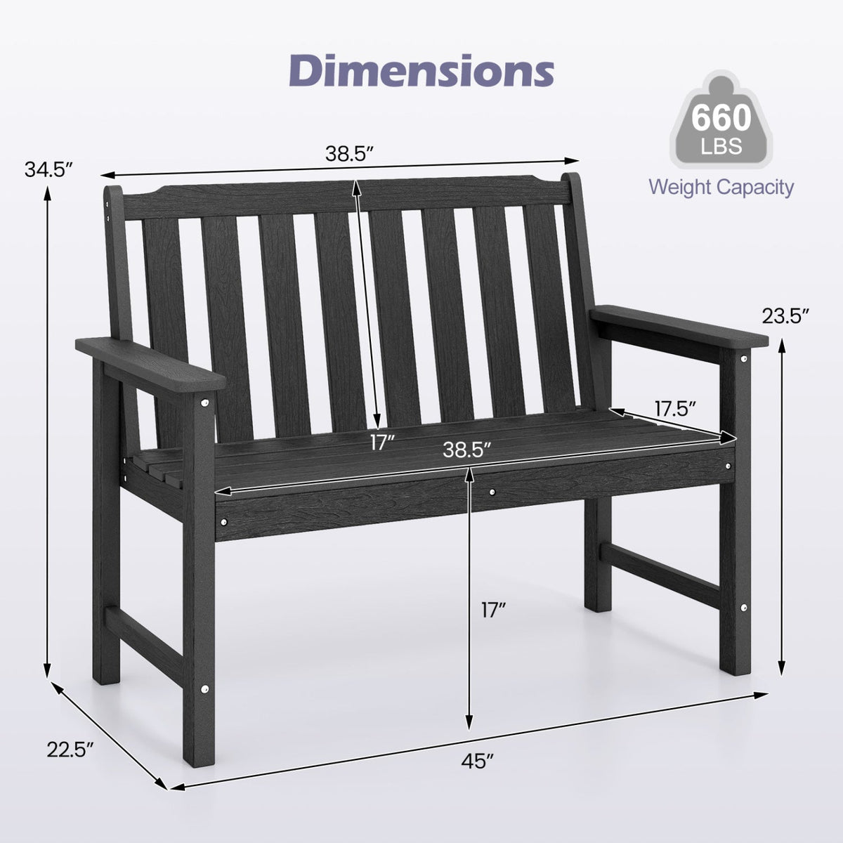 2-Person HDPE Outdoor Garden Bench with Backrest
