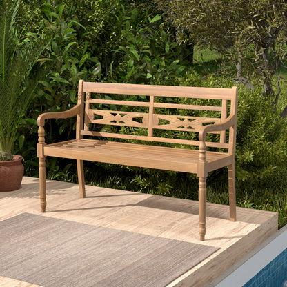 Teak Wood Patio Bench for 2 with Curved Armrests