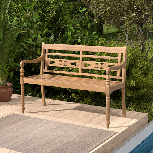Teak Wood Patio Bench for 2 with Curved Armrests