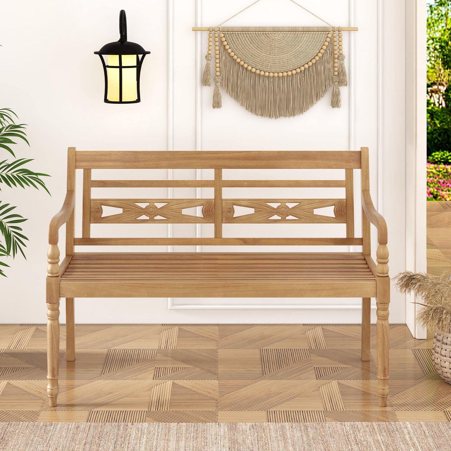 Teak Wood Patio Bench for 2 with Curved Armrests