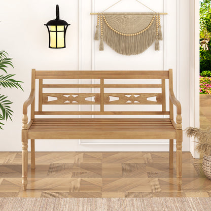 Teak Wood Patio Bench for 2 with Curved Armrests