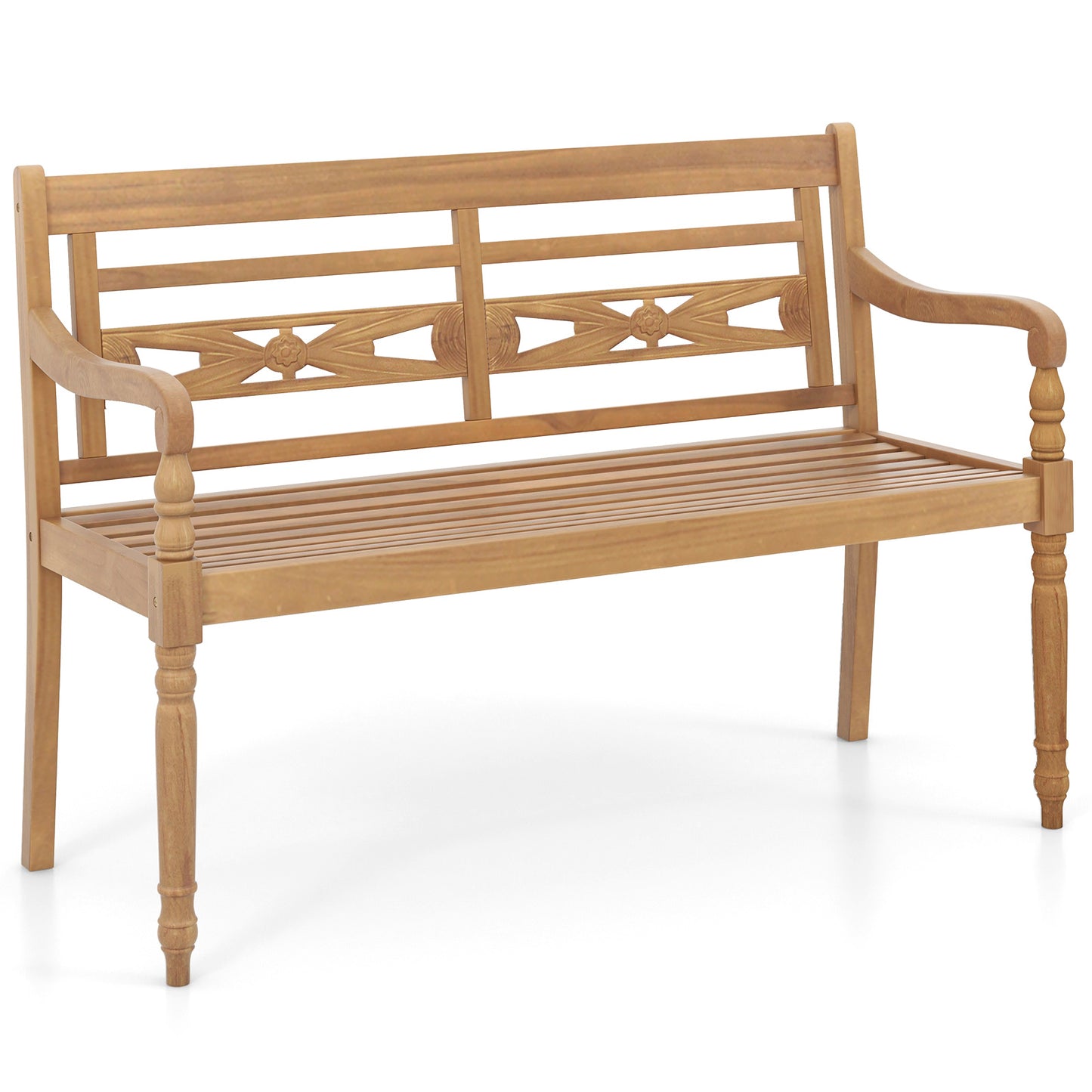 Teak Wood Patio Bench for 2 with Curved Armrests
