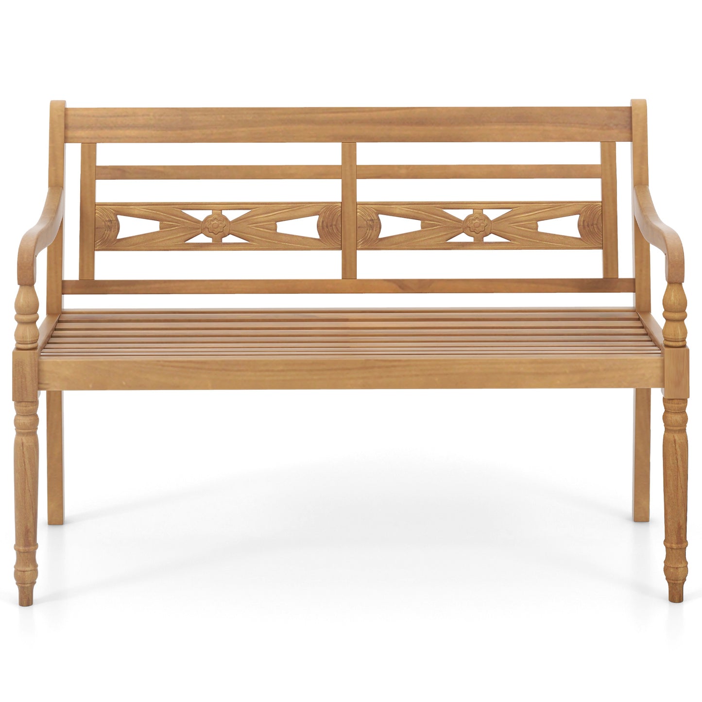Teak Wood Patio Bench for 2 with Curved Armrests