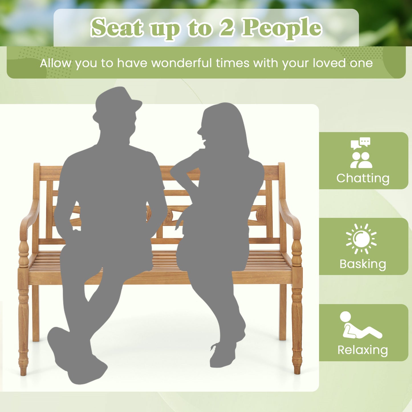 Teak Wood Patio Bench for 2 with Curved Armrests