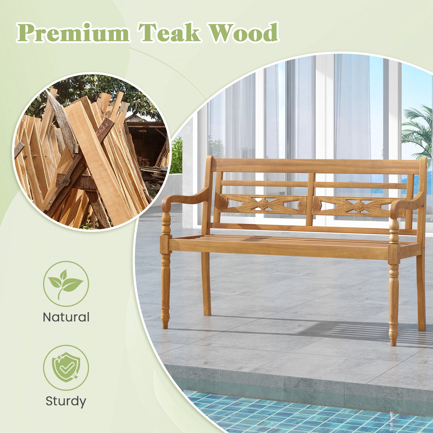 Teak Wood Patio Bench for 2 with Curved Armrests