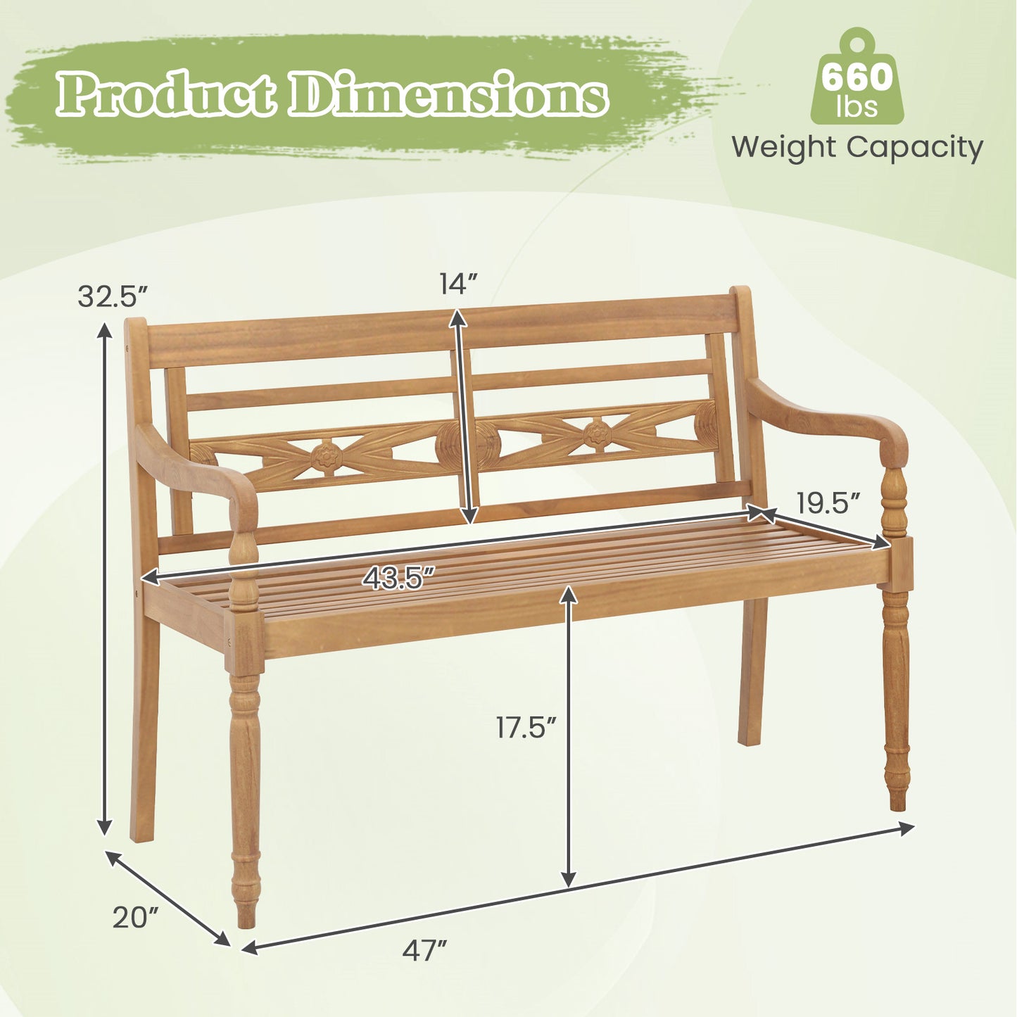 Teak Wood Patio Bench for 2 with Curved Armrests