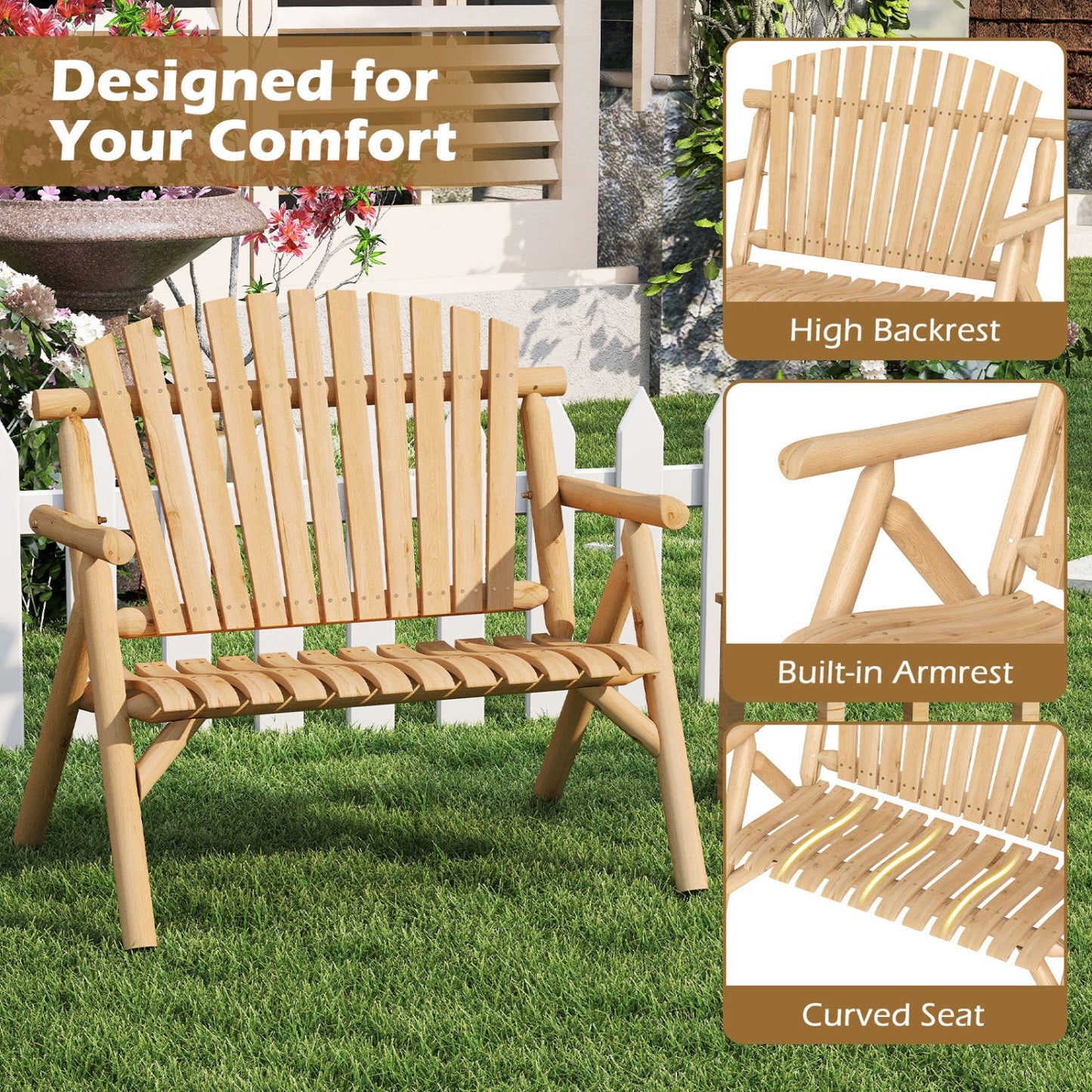 2-Person Log Wood Patio Bench with Slatted Backrest