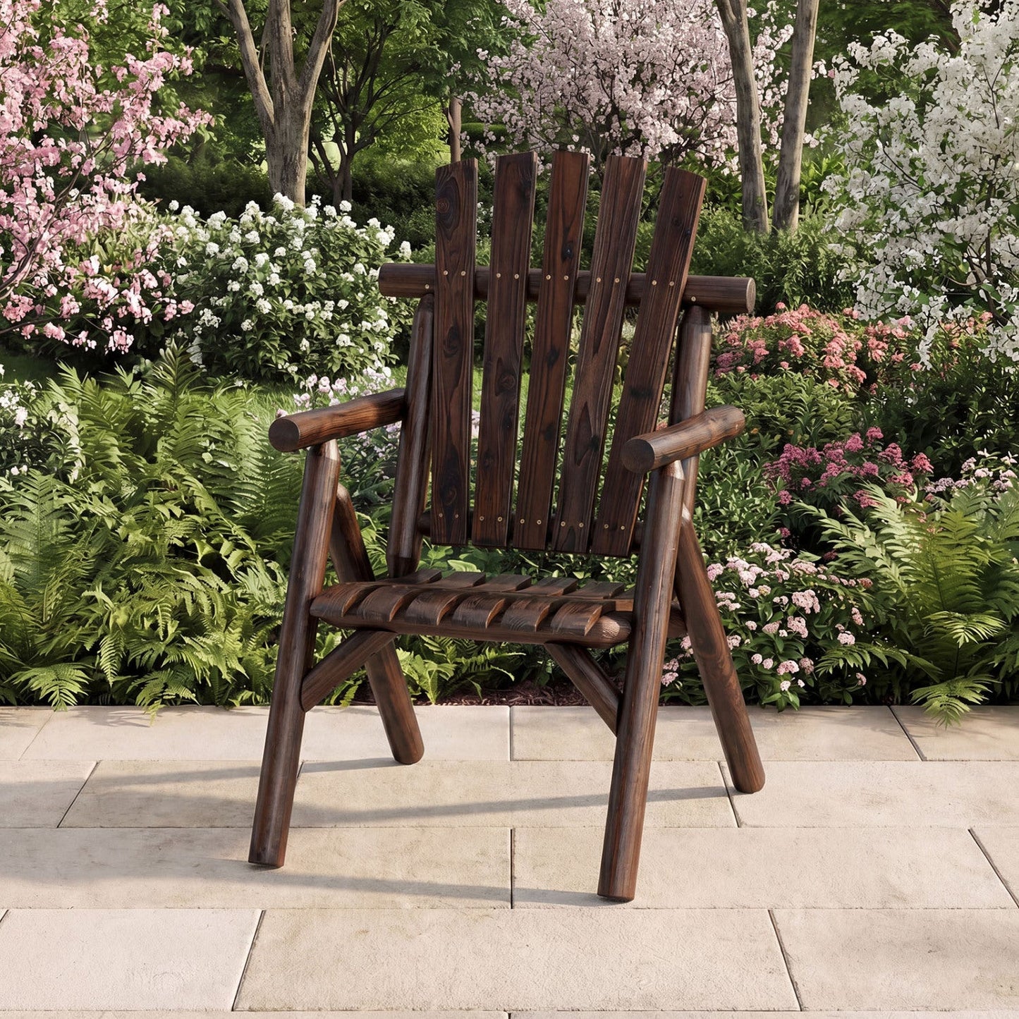 Solid Wood Patio Chair with Curved Seat and Slatted Backrest
