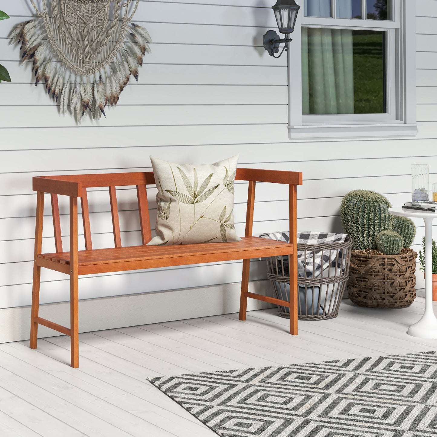 Eucalyptus Wood Outdoor Bench with Backrest and Armrests