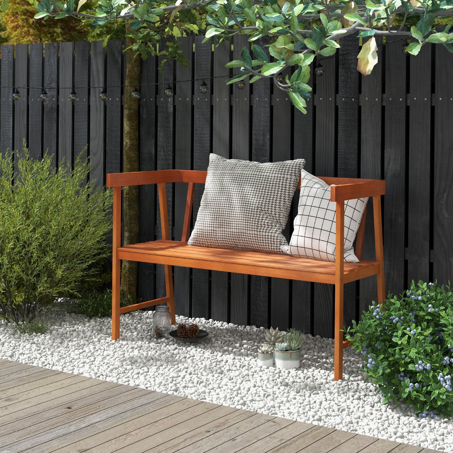 Eucalyptus Wood Outdoor Bench with Backrest and Armrests