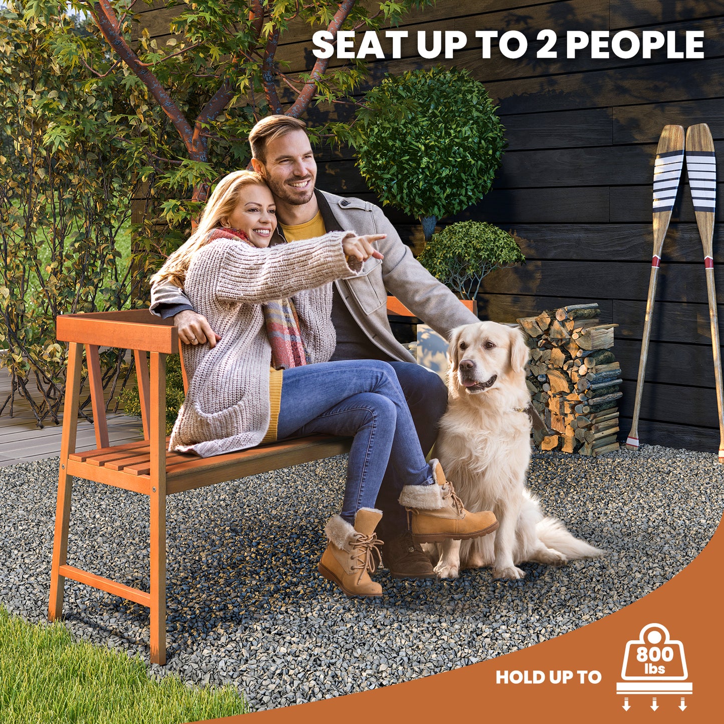 Eucalyptus Wood Outdoor Bench with Backrest and Armrests