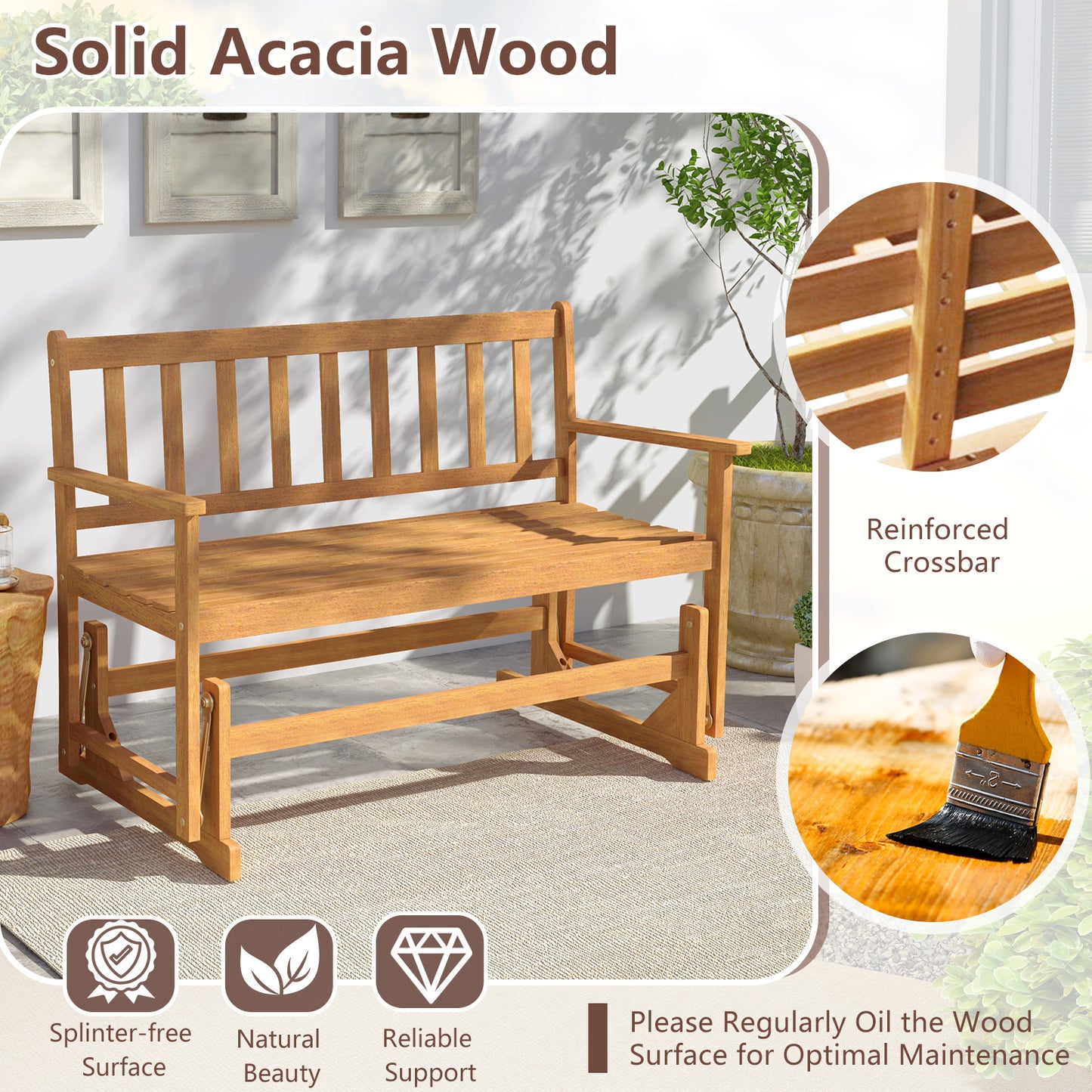 Acacia Wood Glider Bench 2-Person Outdoor Patio Loveseat