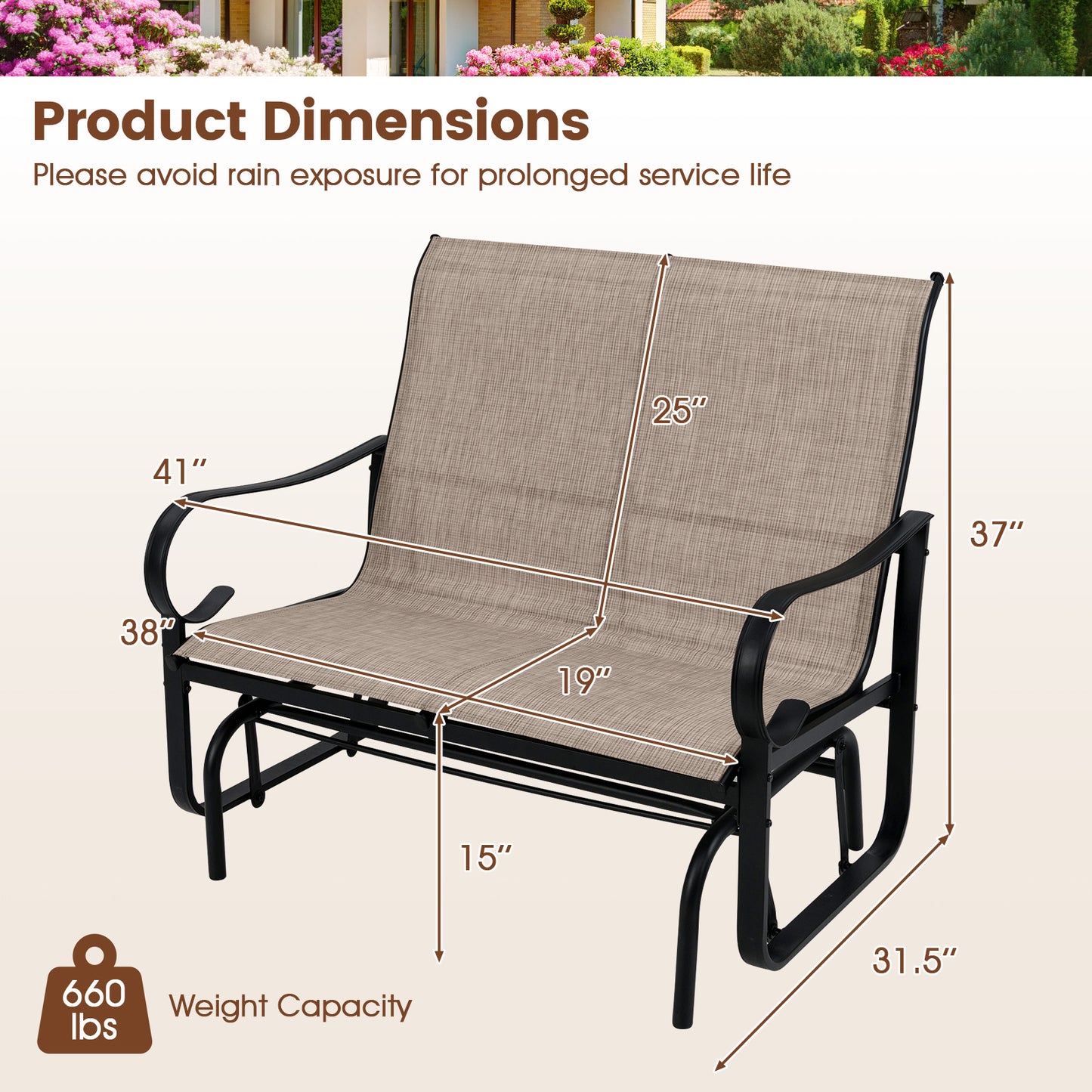 2-Person Outdoor Glider Bench with High Backrest