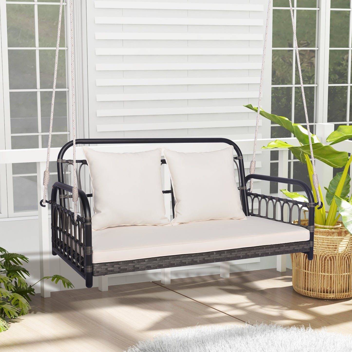 2-Person Outdoor Hanging Chair with Cushions and Ropes